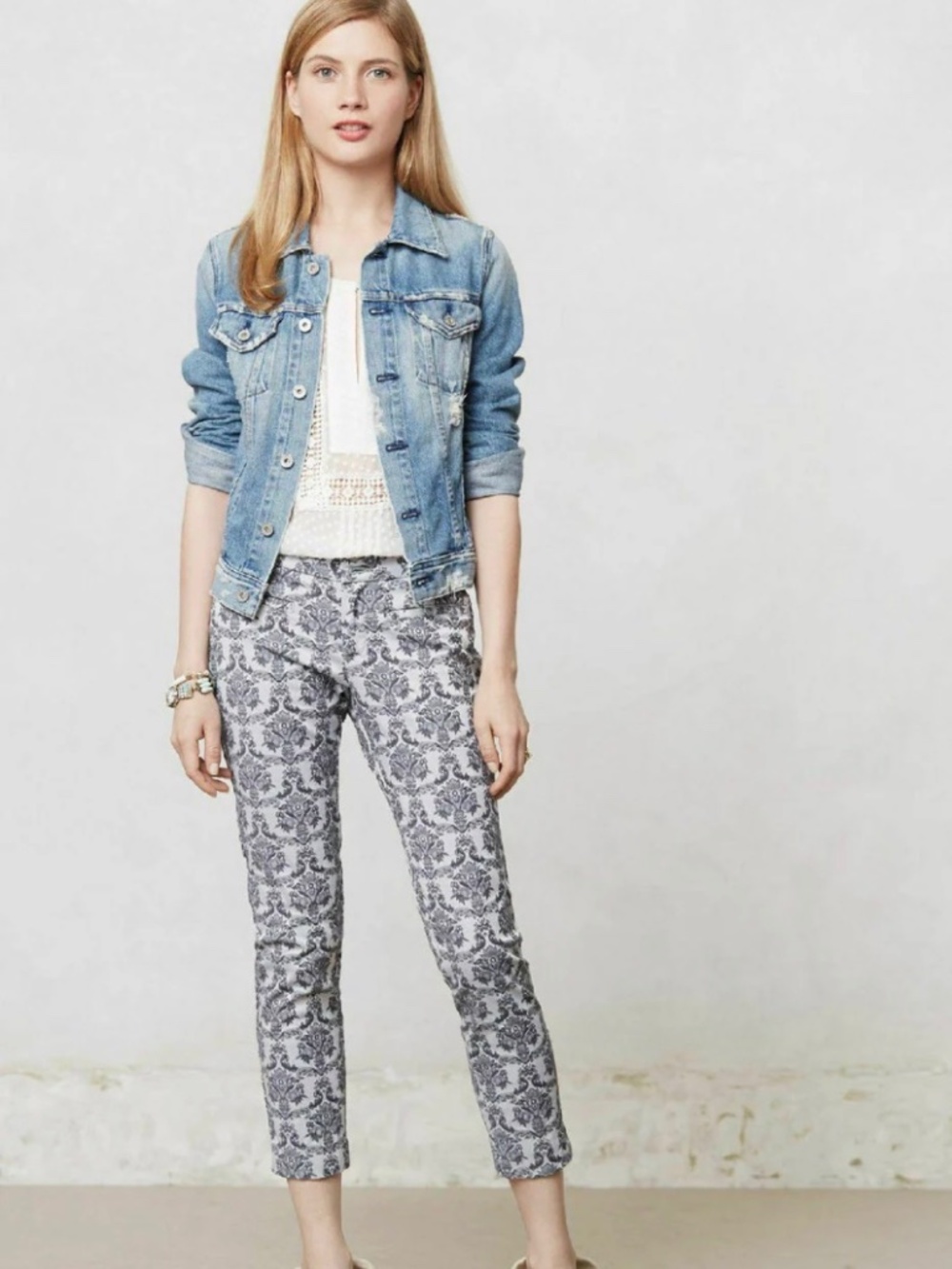 Anthropologie Cartonnier Charlie Damask Brocade Slim Ankle Pants Grey SZ 4